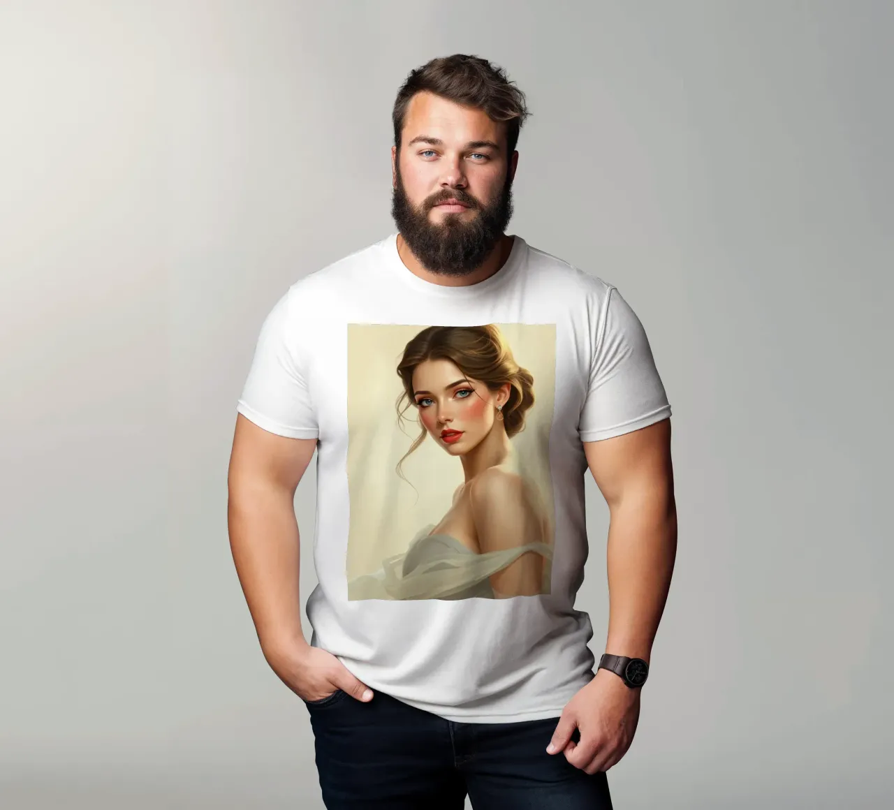 Donna elegante con un trucco morbido e un'acconciatura alla moda t-shirt da DesignDoodle