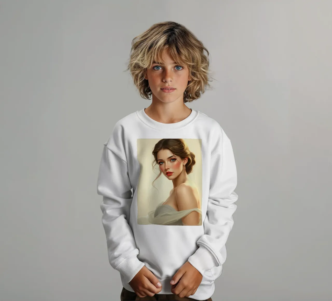 Elegant woman with soft makeup and a stylish hairstyle kids sweatshirt by DesignDoodle
