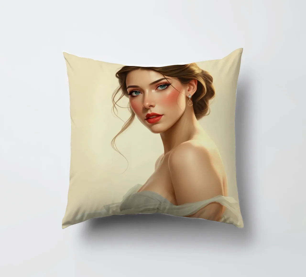 Donna elegante con un trucco morbido e un'acconciatura alla moda cuscino da DesignDoodle