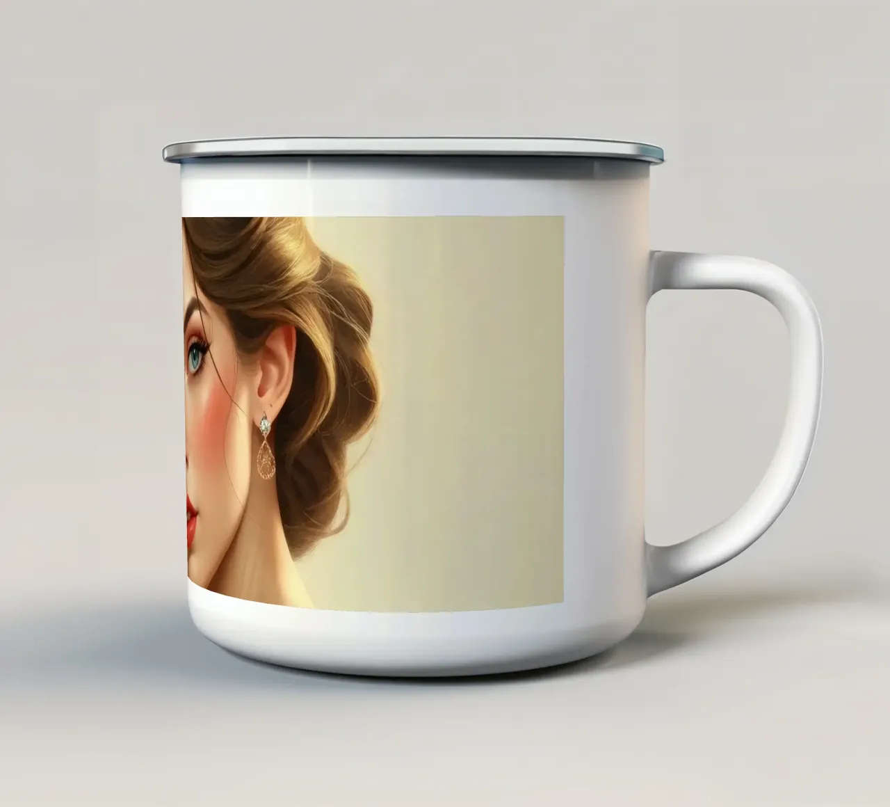 Donna elegante con un trucco morbido e un'acconciatura alla moda tazza in smalto da DesignDoodle