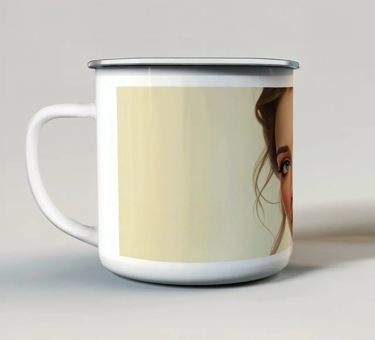 Donna elegante con un trucco morbido e un'acconciatura alla moda tazza in smalto da DesignDoodle