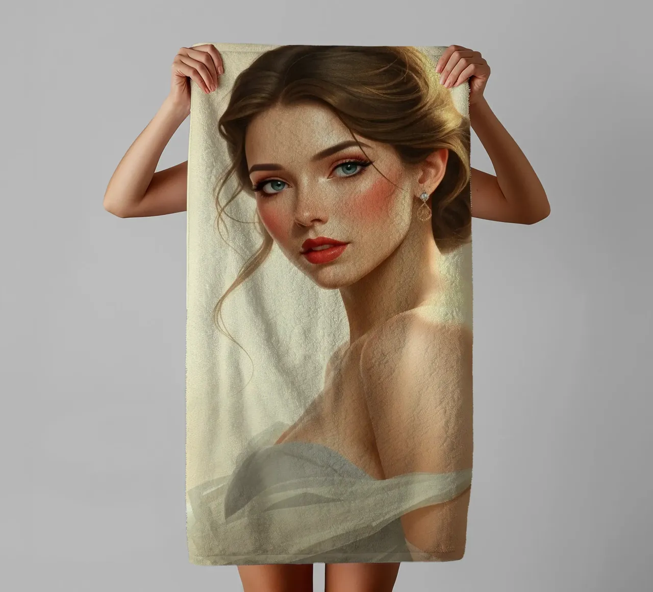 Mujer elegante con un maquillaje suave y un peinado con estilo toalla de baño de DesignDoodle