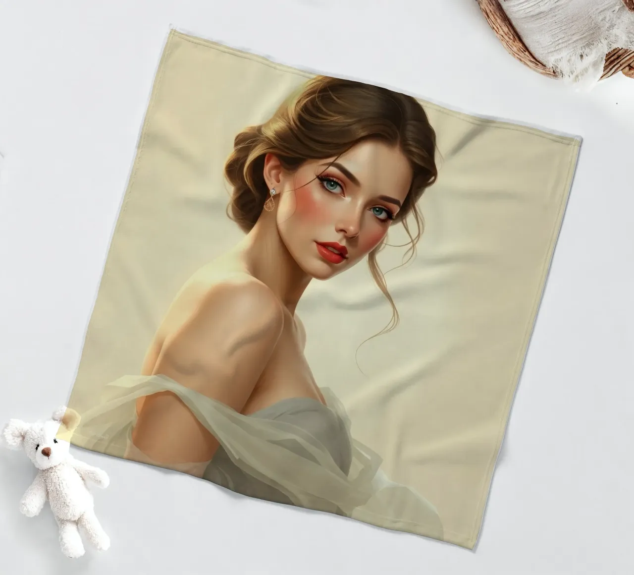 Donna elegante con un trucco morbido e un'acconciatura alla moda coperta in pile da DesignDoodle