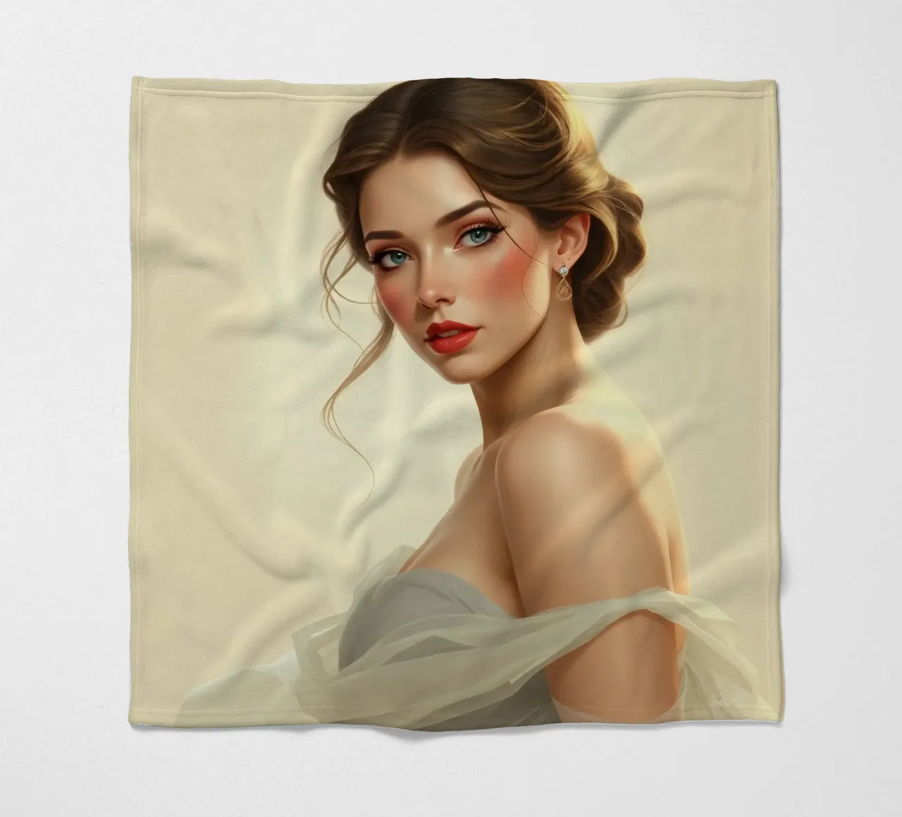 Donna elegante con un trucco morbido e un'acconciatura alla moda coperta in pile da DesignDoodle