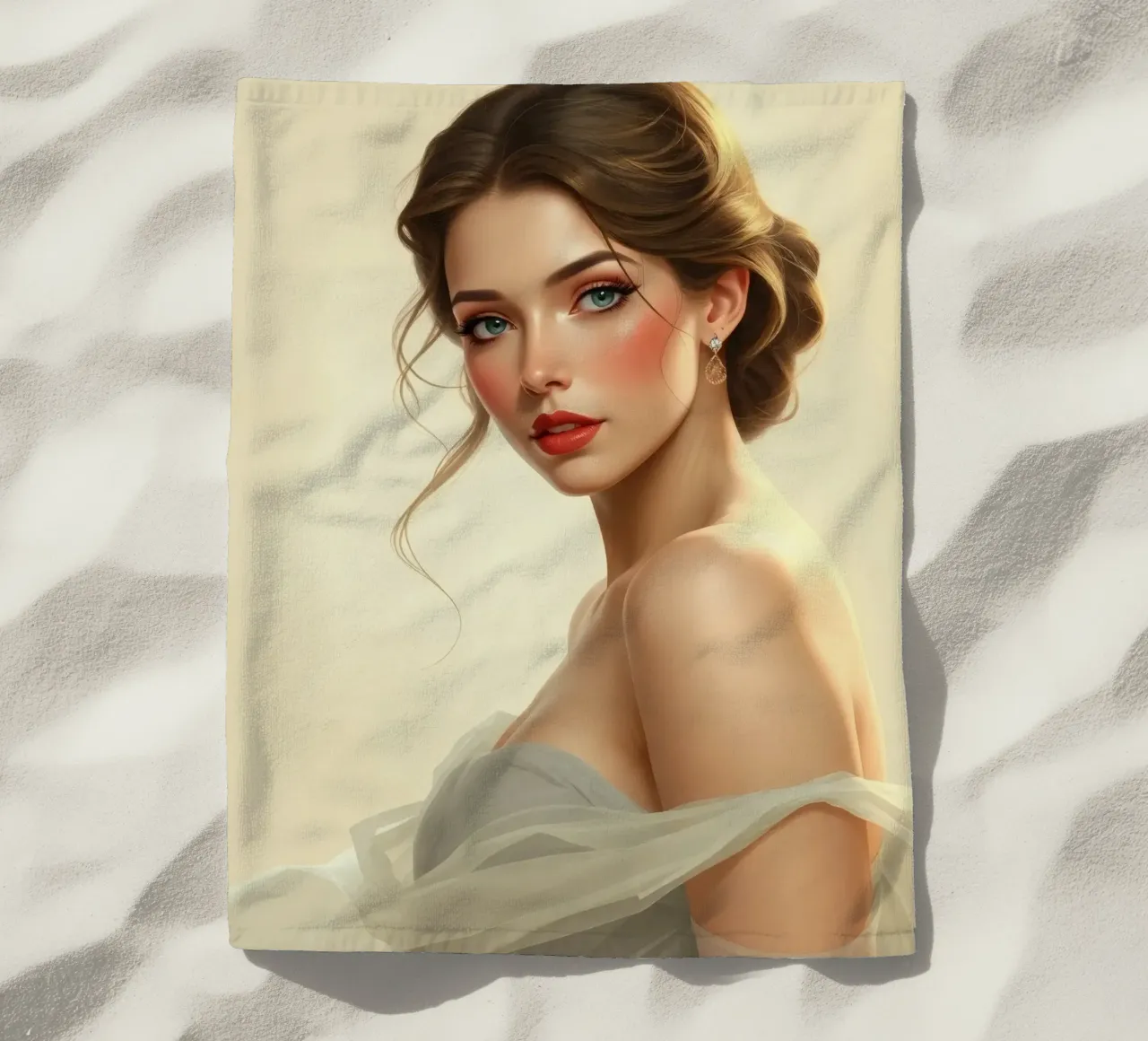 Donna elegante con un trucco morbido e un'acconciatura alla moda telo mare da DesignDoodle