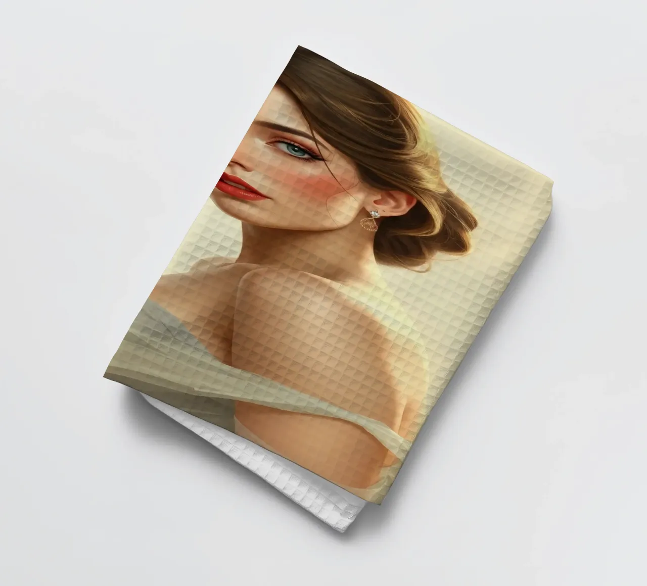 Mujer elegante con un maquillaje suave y un peinado con estilo paño de cocina de DesignDoodle