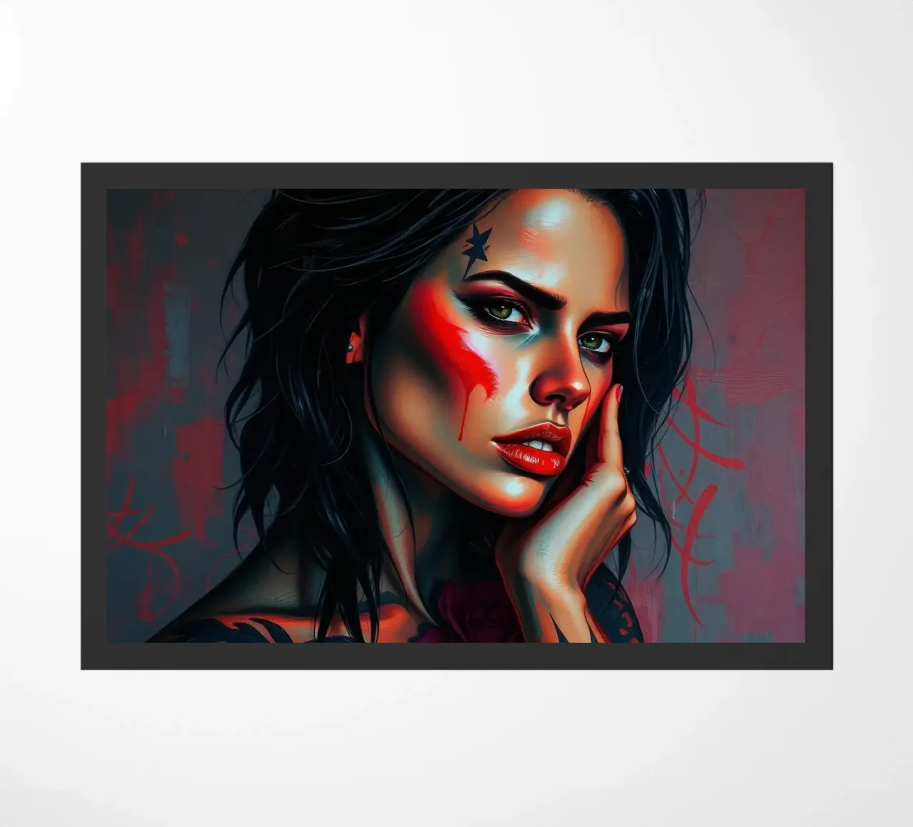 Retrato artístico de una mujer con llamativos tatuajes felpudo de DesignDoodle