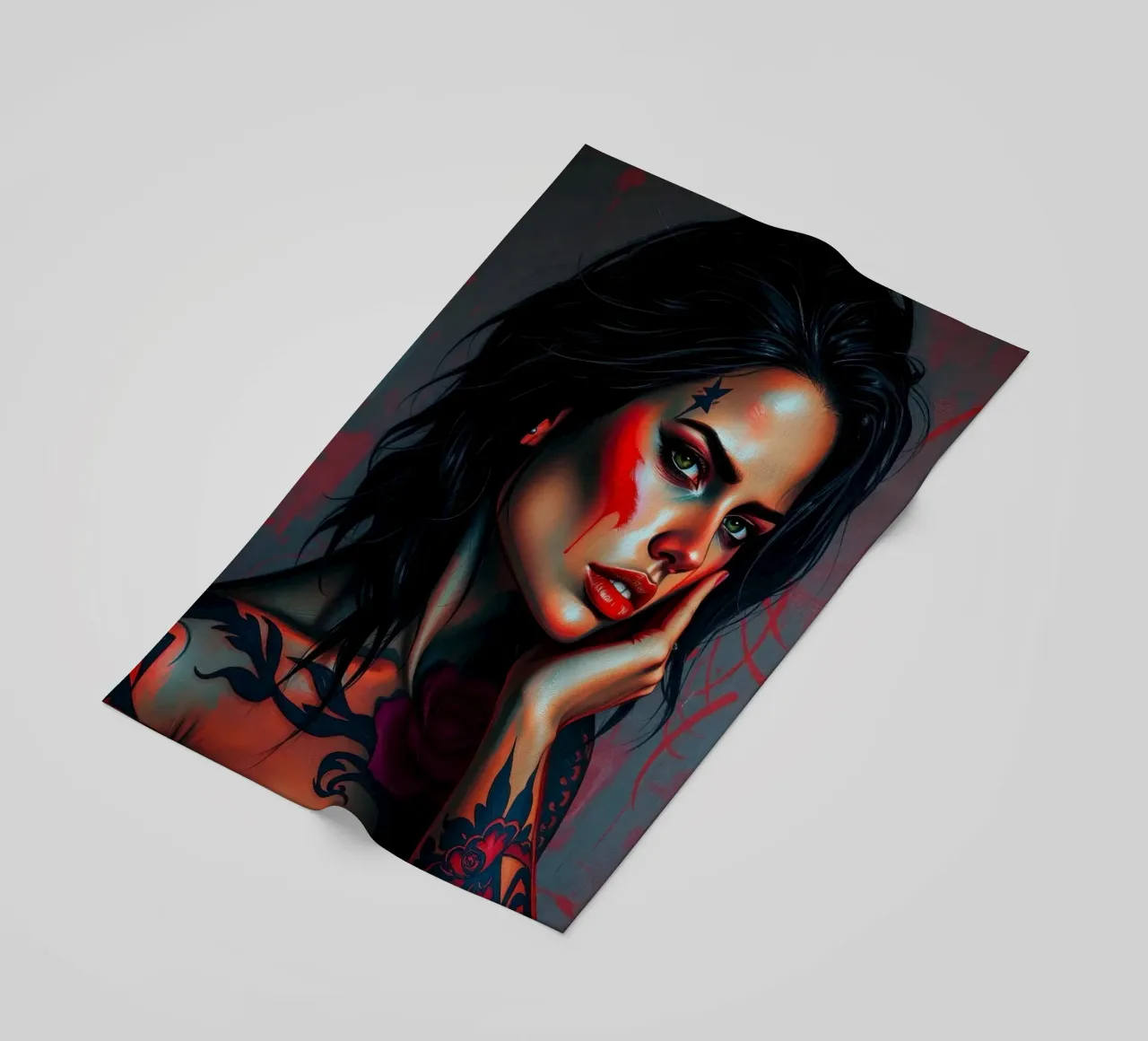 Ritratto artistico di una donna con tatuaggi di grande effetto telo mare da DesignDoodle