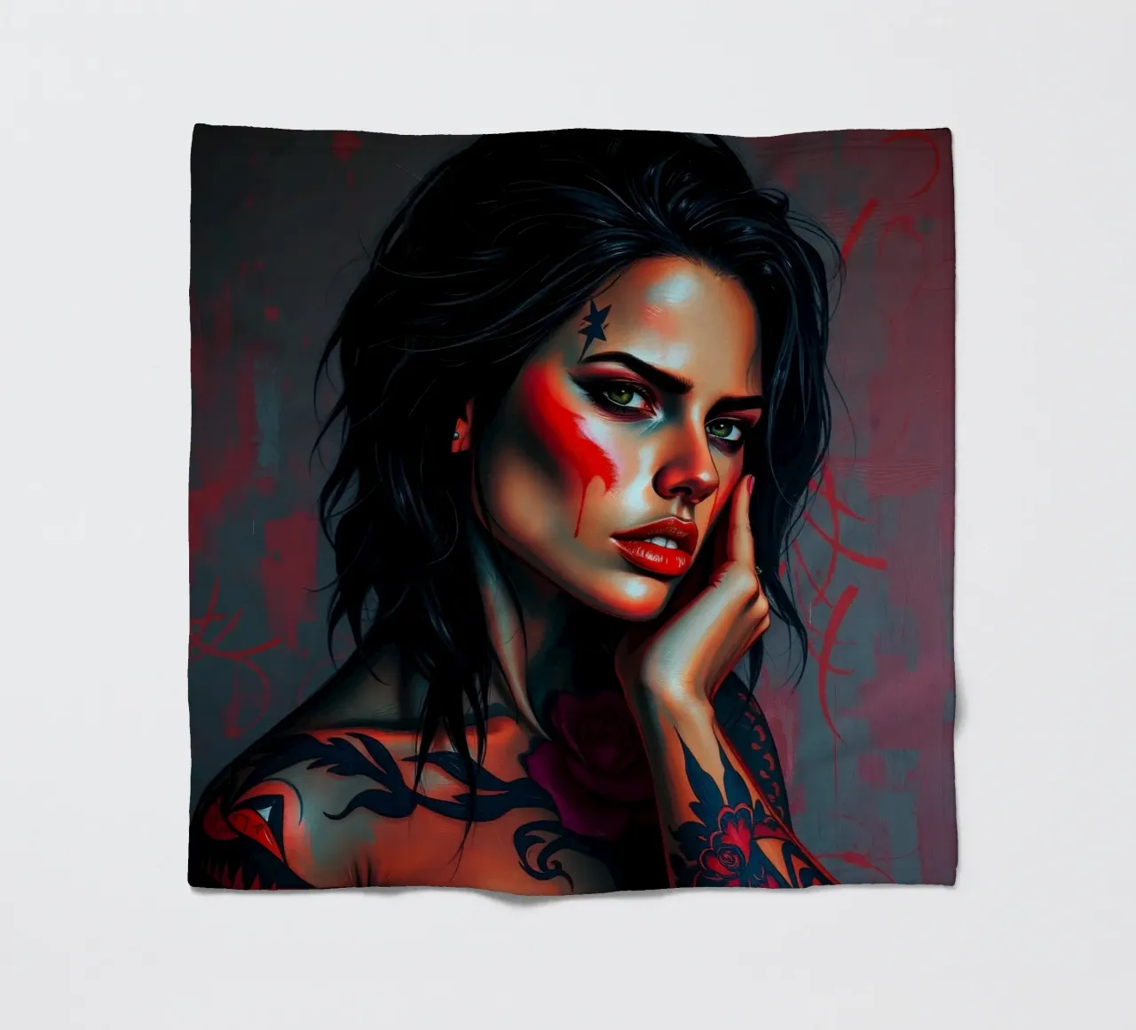 Ritratto artistico di una donna con tatuaggi di grande effetto coperta in pile da DesignDoodle