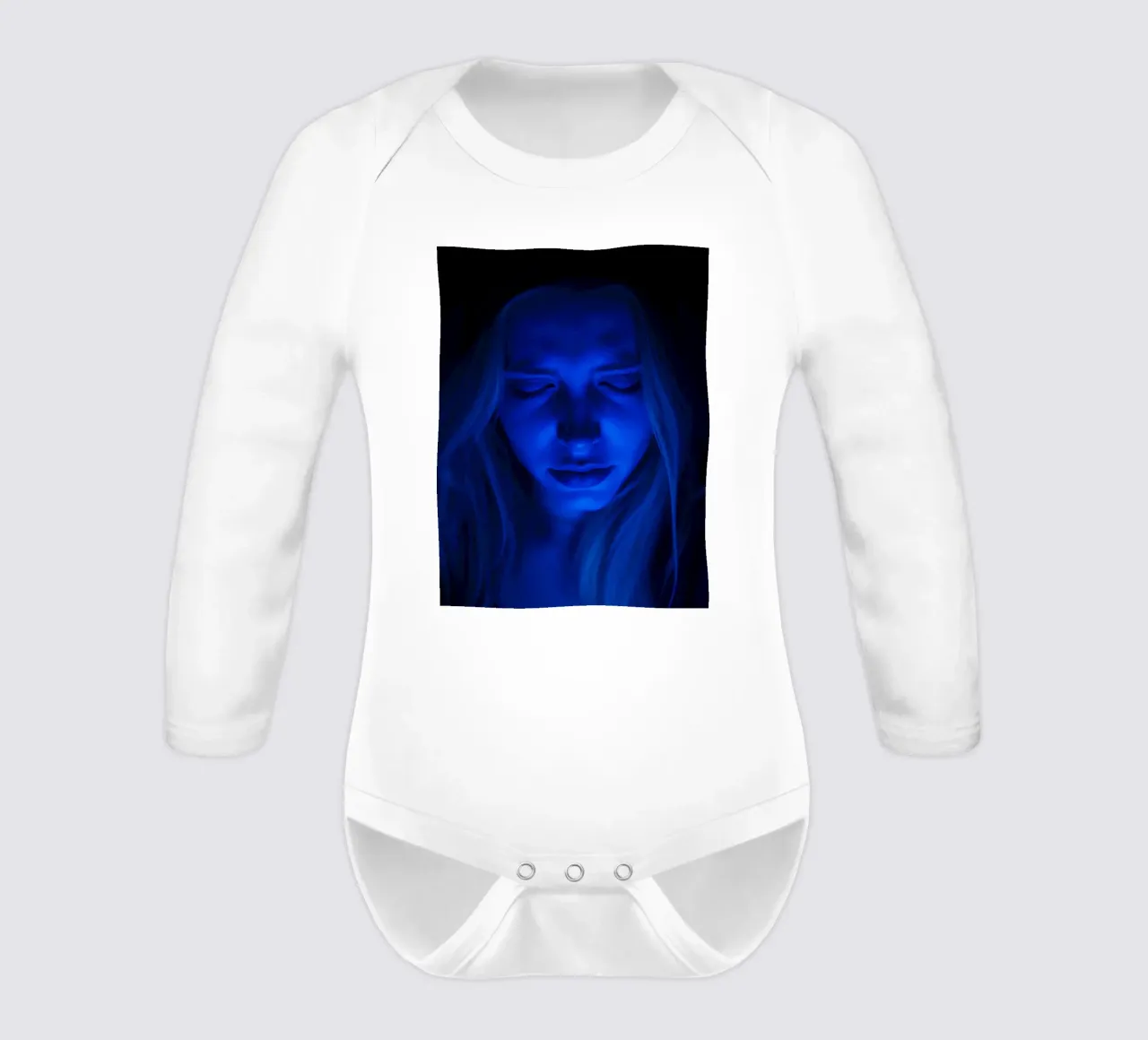 Donna con luce blu incandescente in introspezione in una stanza buia body neonato maniche lunghe da DesignDoodle