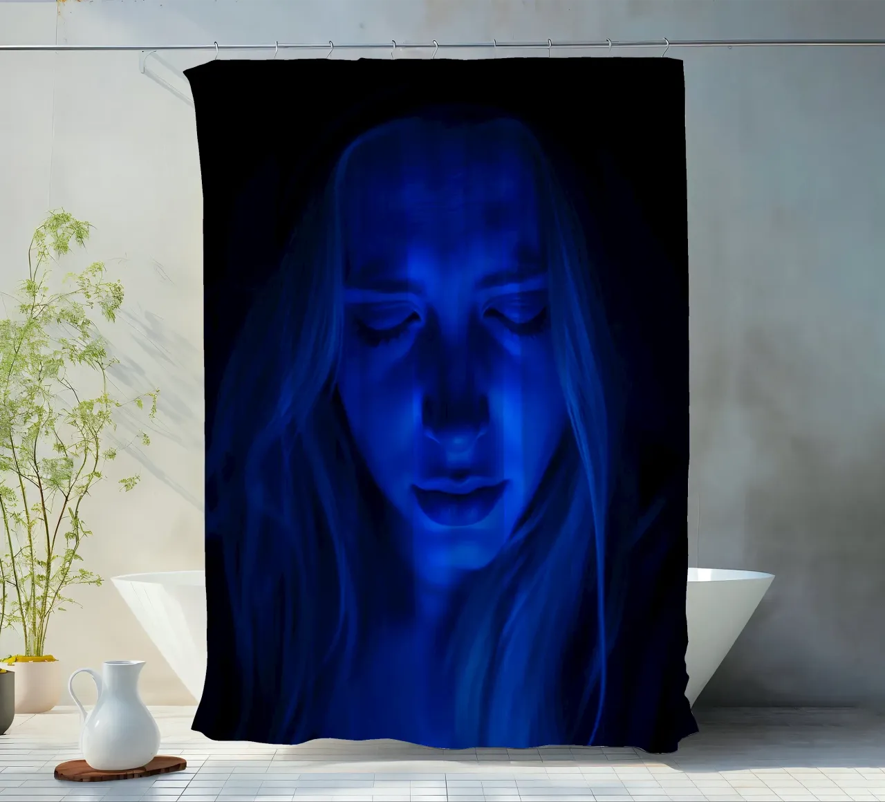 Donna con luce blu incandescente in introspezione in una stanza buia tenda da doccia da DesignDoodle