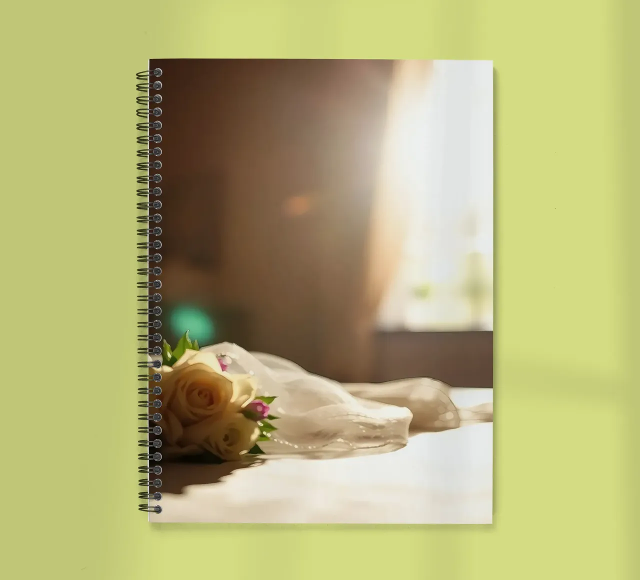 Elegant bridal bouquet resting on a table spiral notebook by DesignDoodle