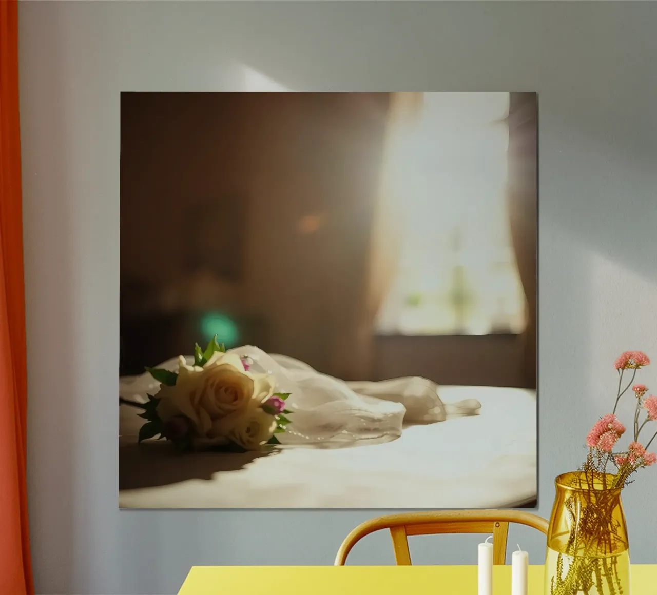 Bouquet de mariée élégant posé sur une table poster de DesignDoodle