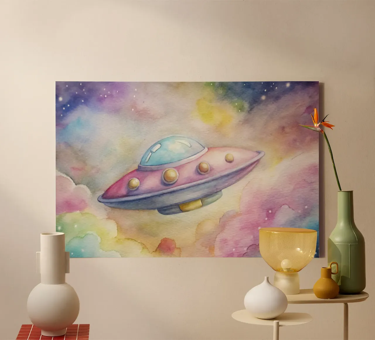 UFO in aquarel canvas met Baklijst van 🎁 ARTVI-SHOP