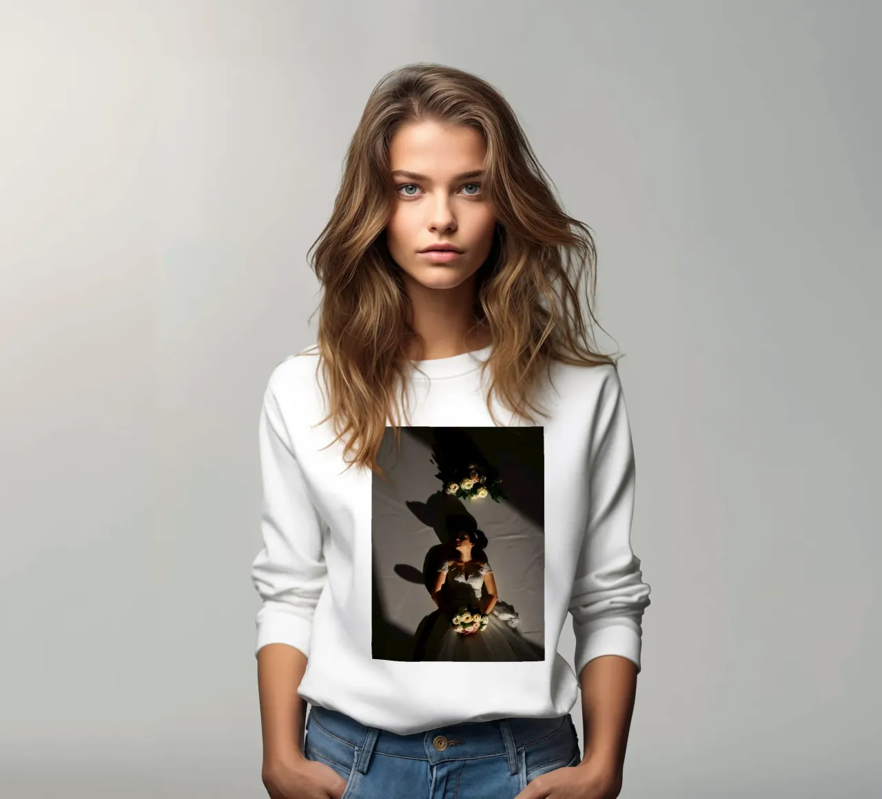 Bride in elegant gown poses dramatically under soft lighting sweatshirt by DesignDoodle