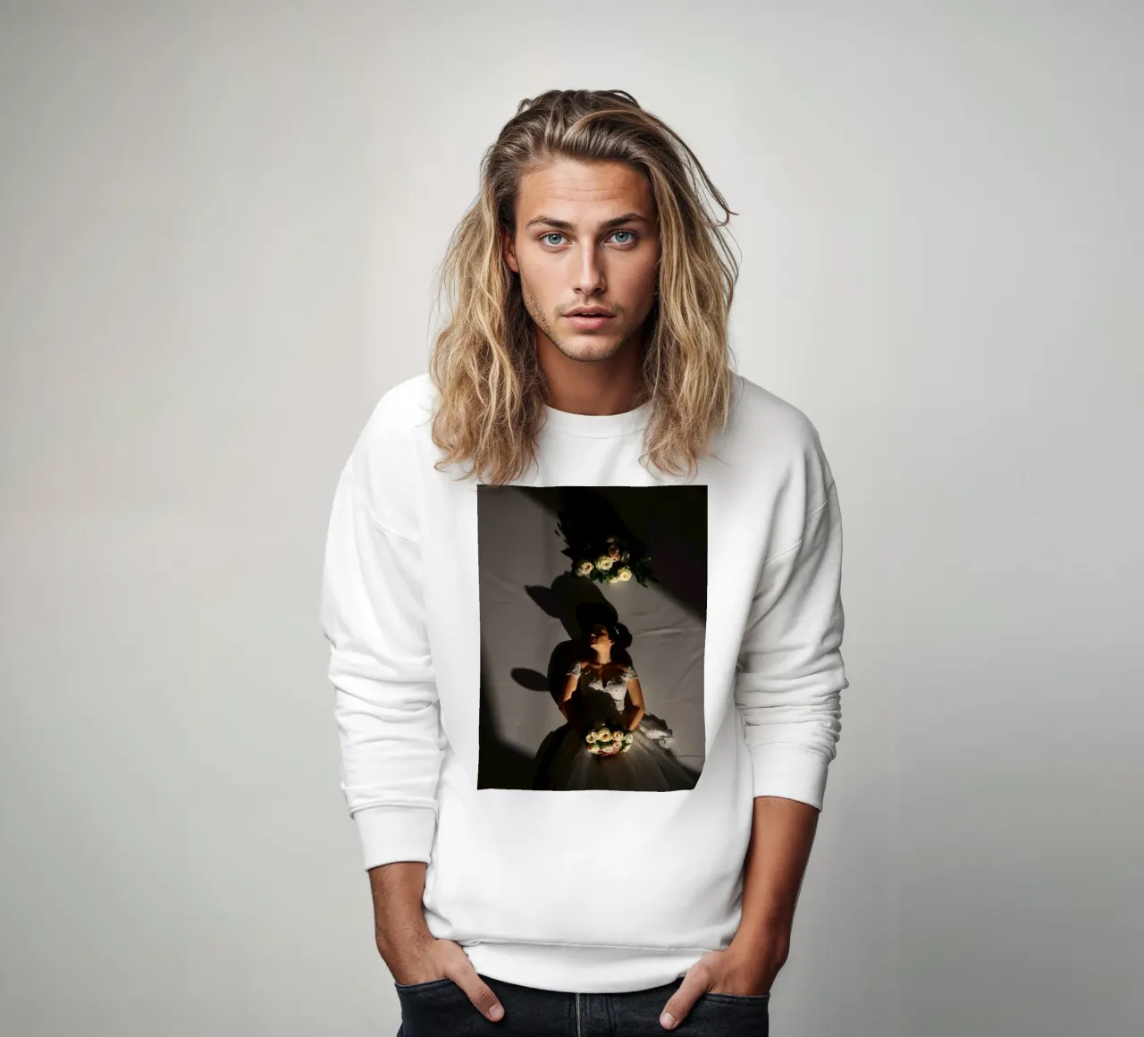 Bride in elegant gown poses dramatically under soft lighting sweatshirt by DesignDoodle