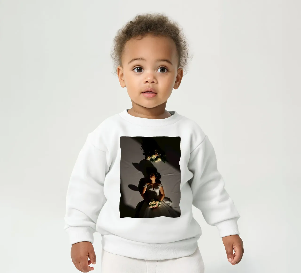 Bride in elegant gown poses dramatically under soft lighting baby sweatshirt by DesignDoodle
