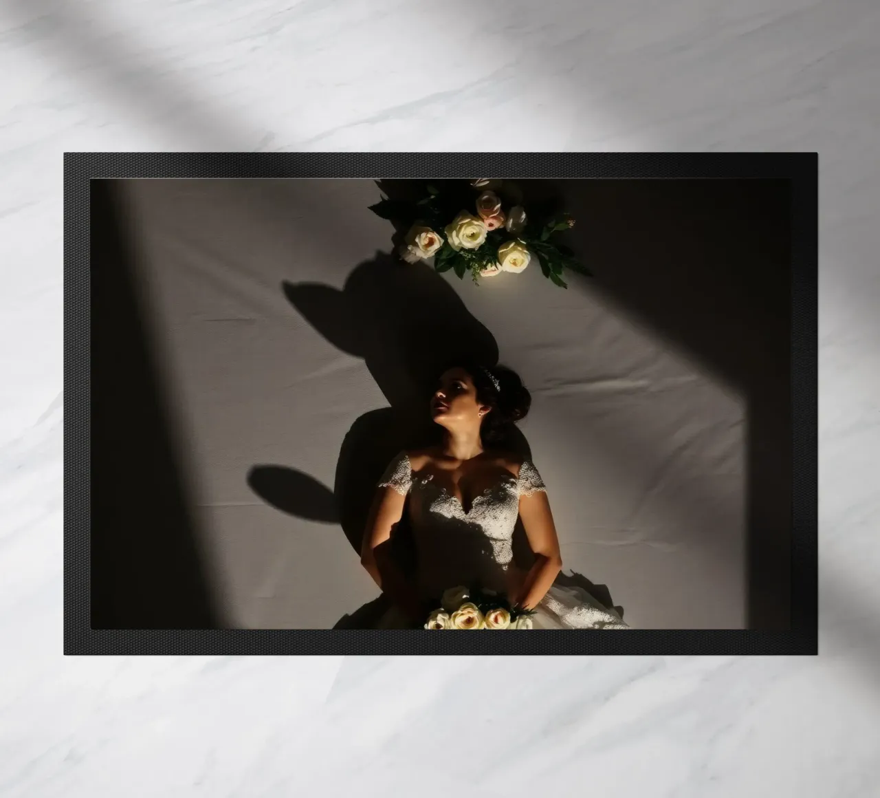 Bride in elegant gown poses dramatically under soft lighting doormat by DesignDoodle