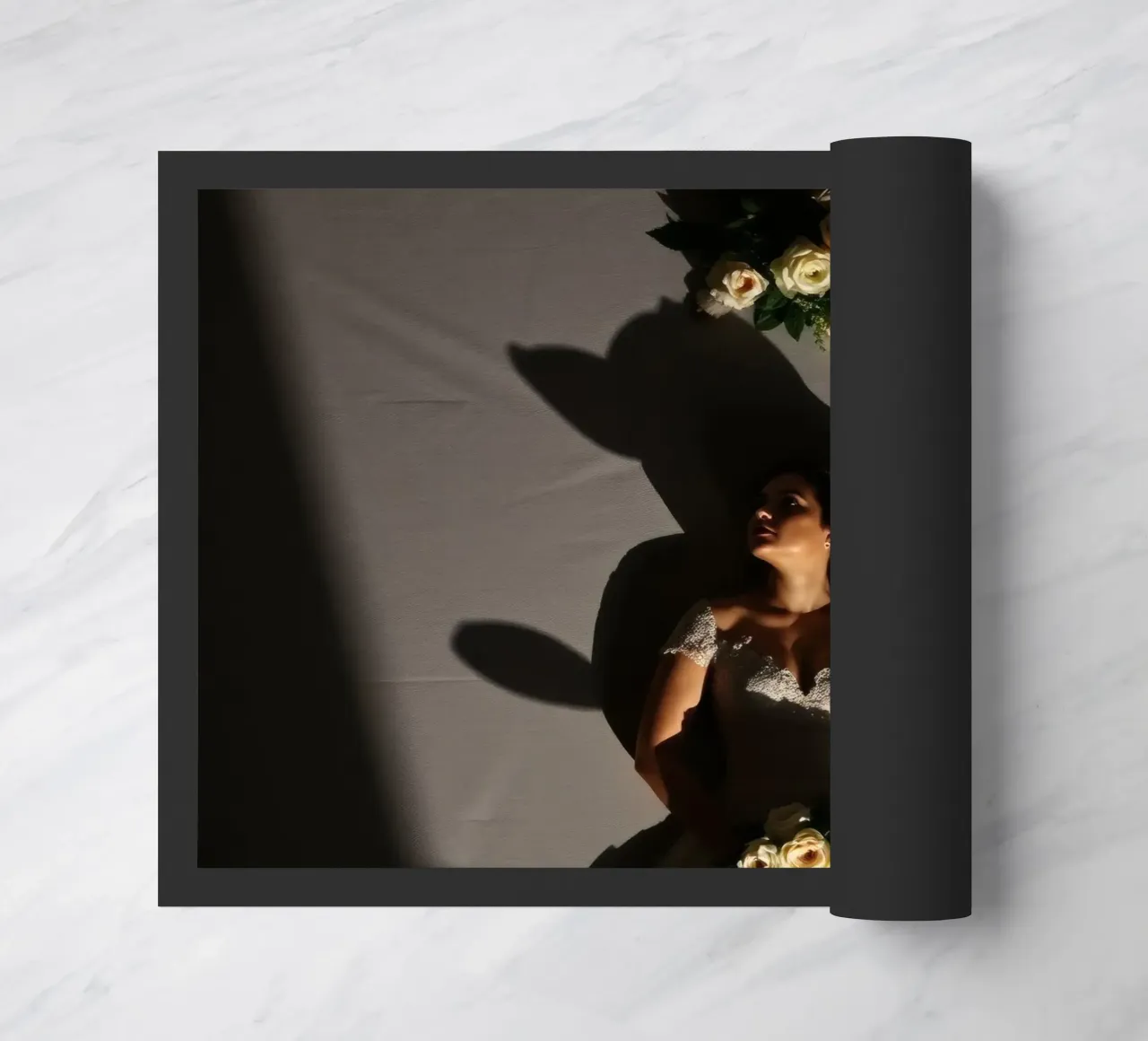 Bride in elegant gown poses dramatically under soft lighting doormat by DesignDoodle