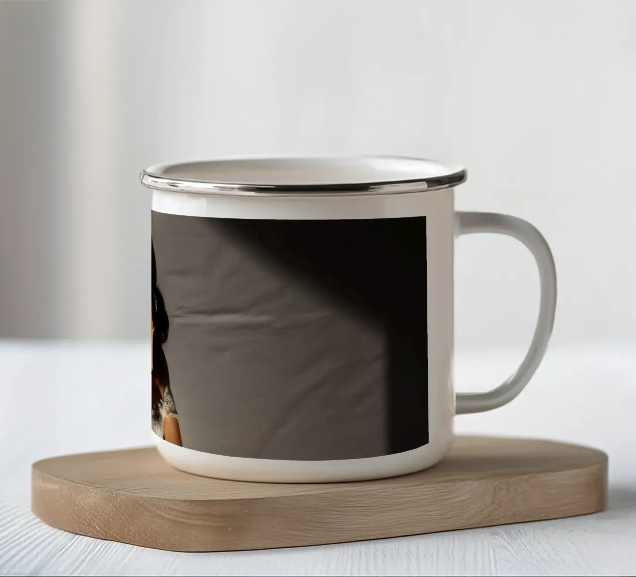 Bride in elegant gown poses dramatically under soft lighting enamel mug by DesignDoodle