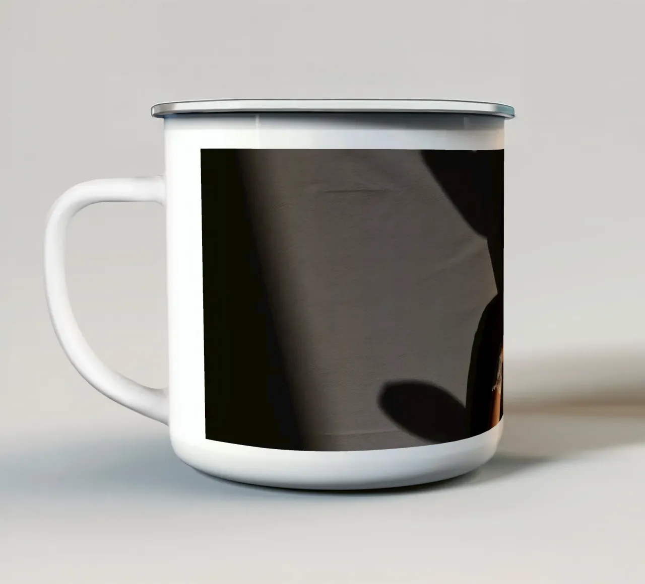 Bride in elegant gown poses dramatically under soft lighting enamel mug by DesignDoodle