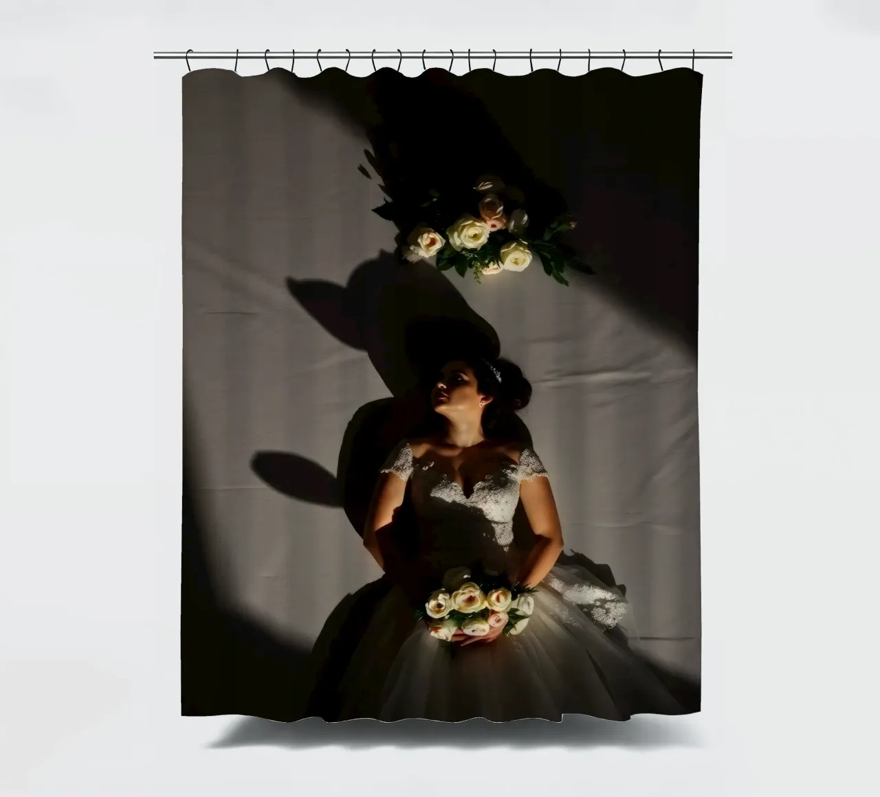 Bride in elegant gown poses dramatically under soft lighting shower curtain by DesignDoodle