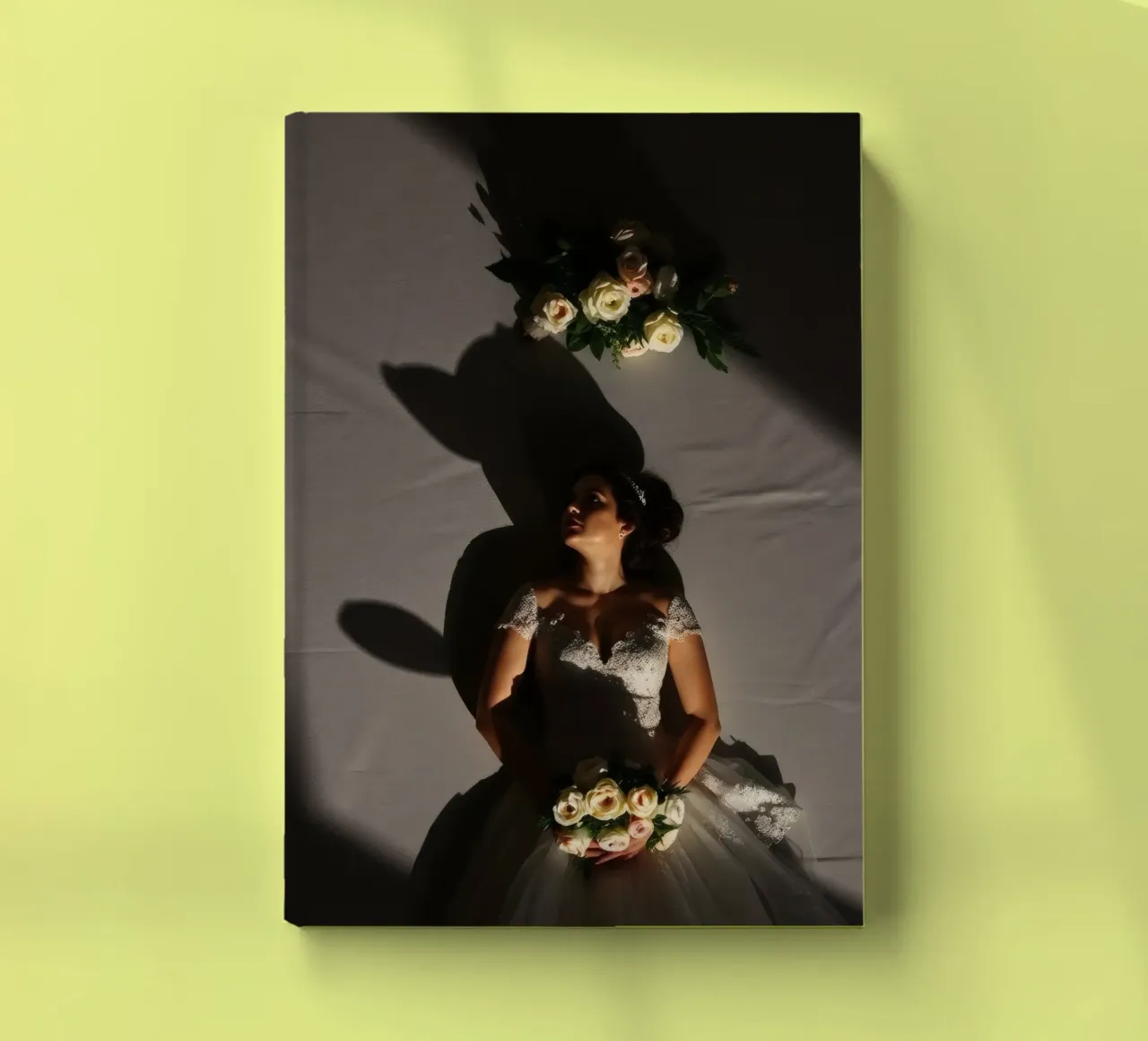 Bride in elegant gown poses dramatically under soft lighting notebook by DesignDoodle