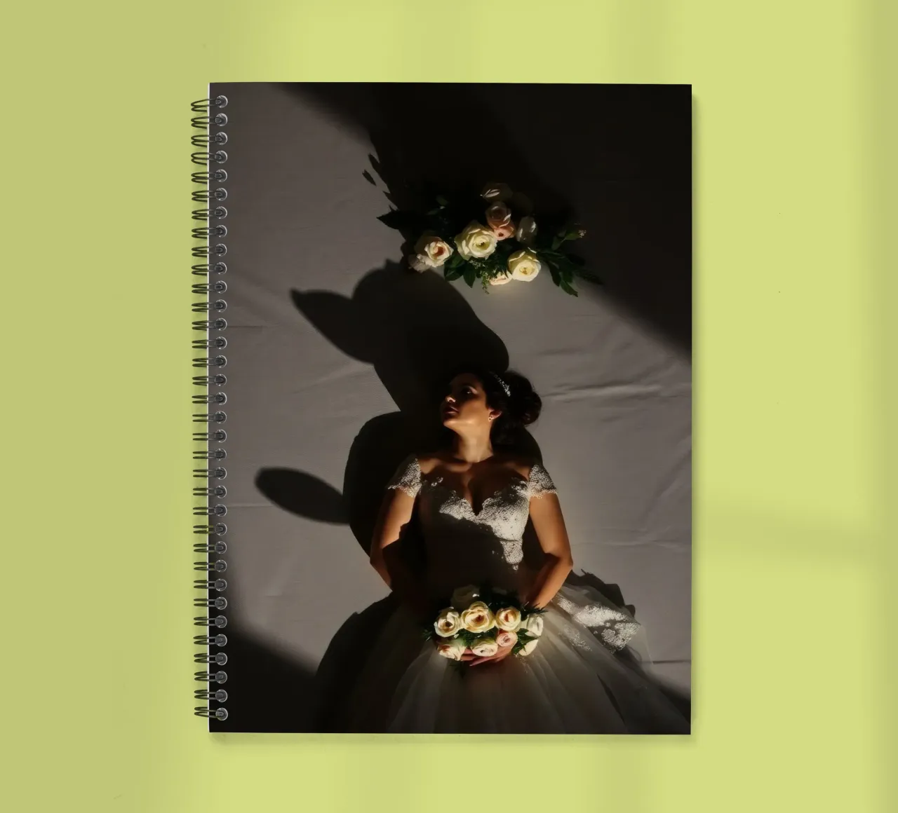 Bride in elegant gown poses dramatically under soft lighting spiral notebook by DesignDoodle