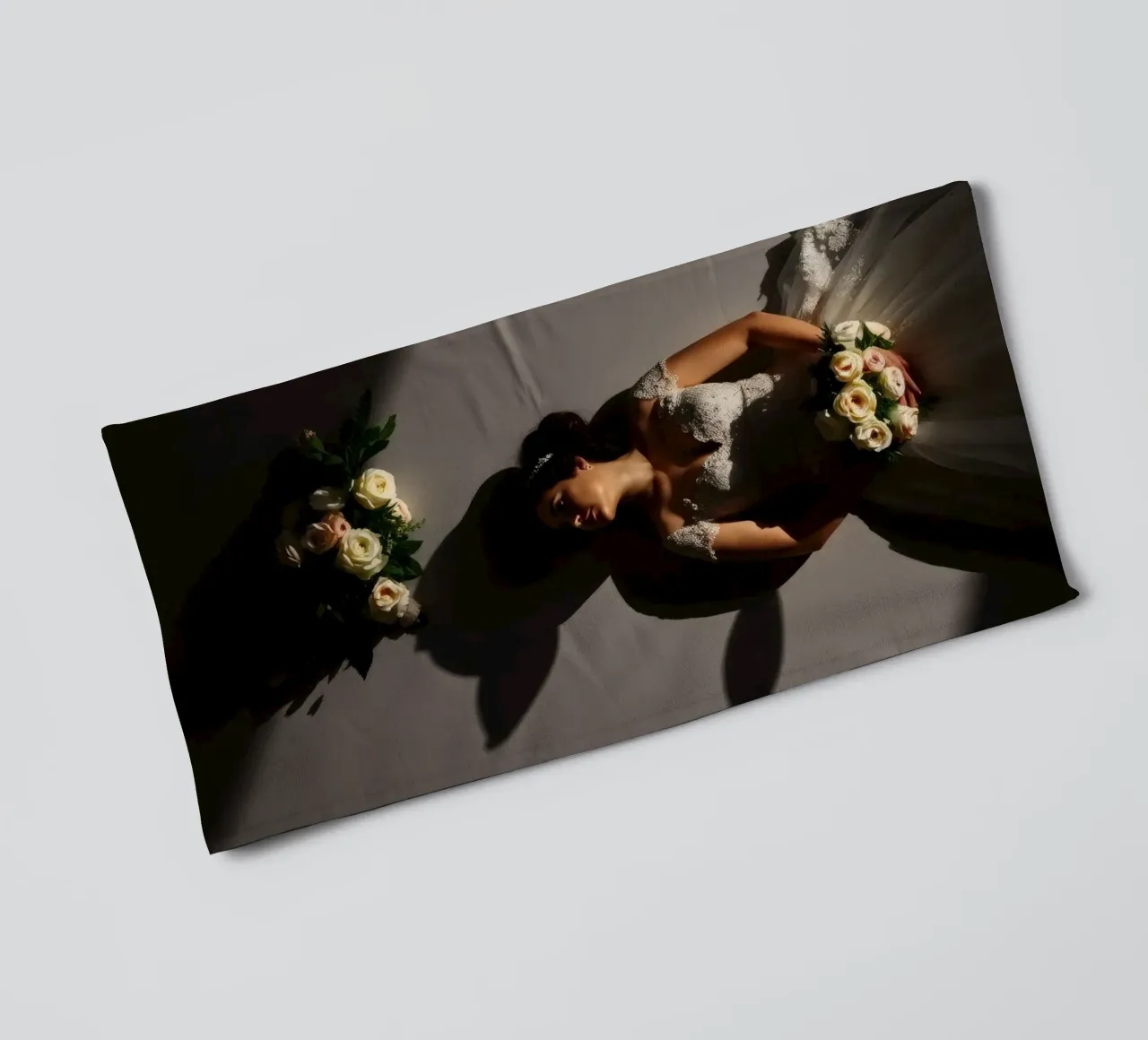 Bride in elegant gown poses dramatically under soft lighting towel by DesignDoodle