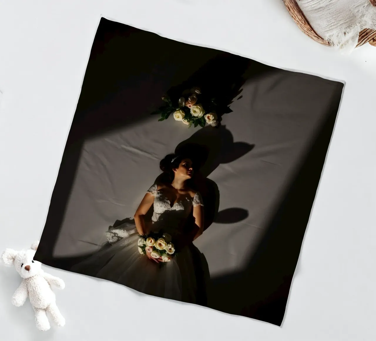Bride in elegant gown poses dramatically under soft lighting fleece blanket by DesignDoodle