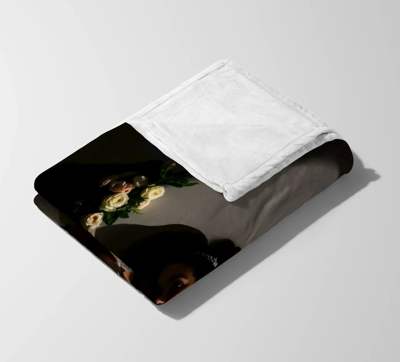 Bride in elegant gown poses dramatically under soft lighting fleece blanket by DesignDoodle