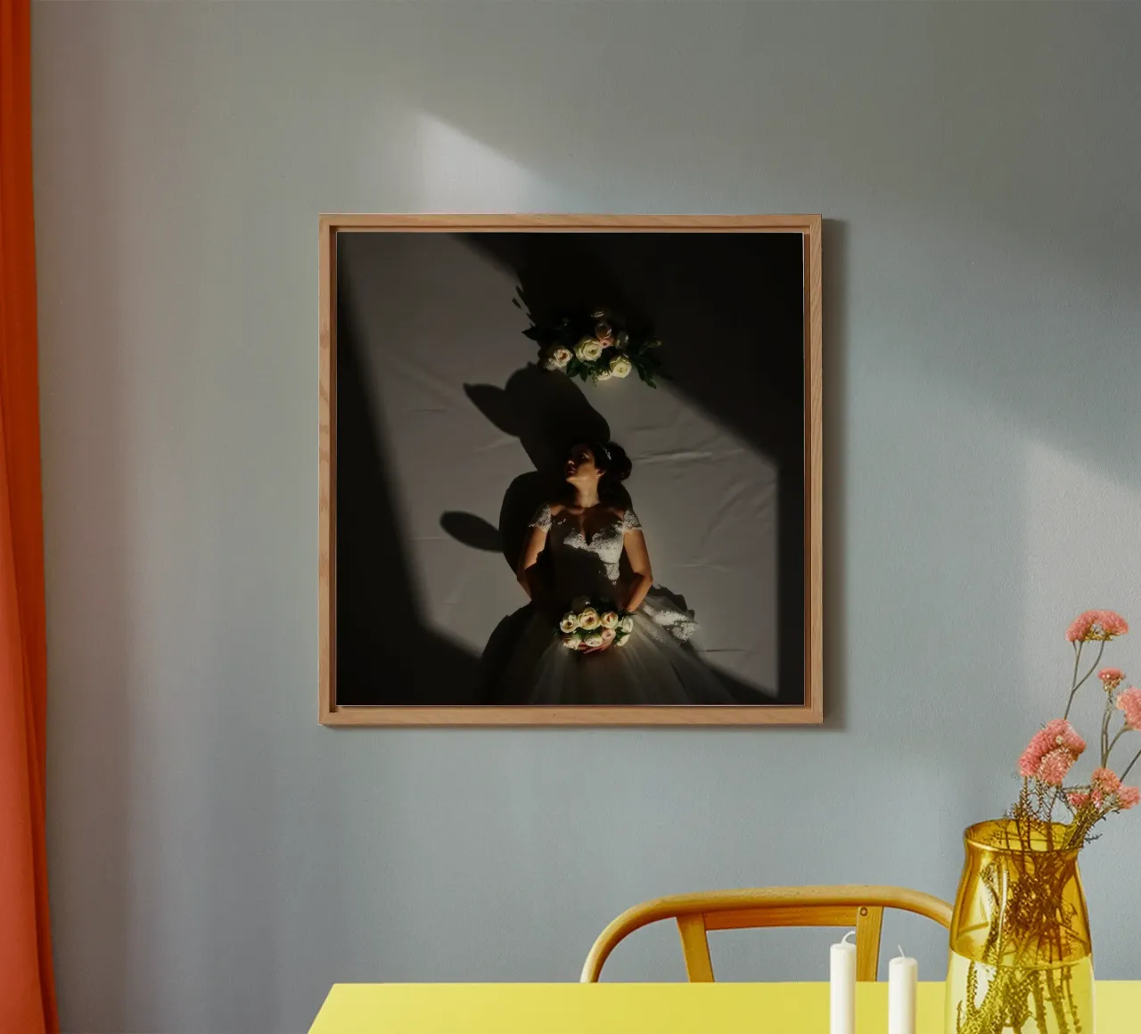 Bride in elegant gown poses dramatically under soft lighting alu-dibond by DesignDoodle