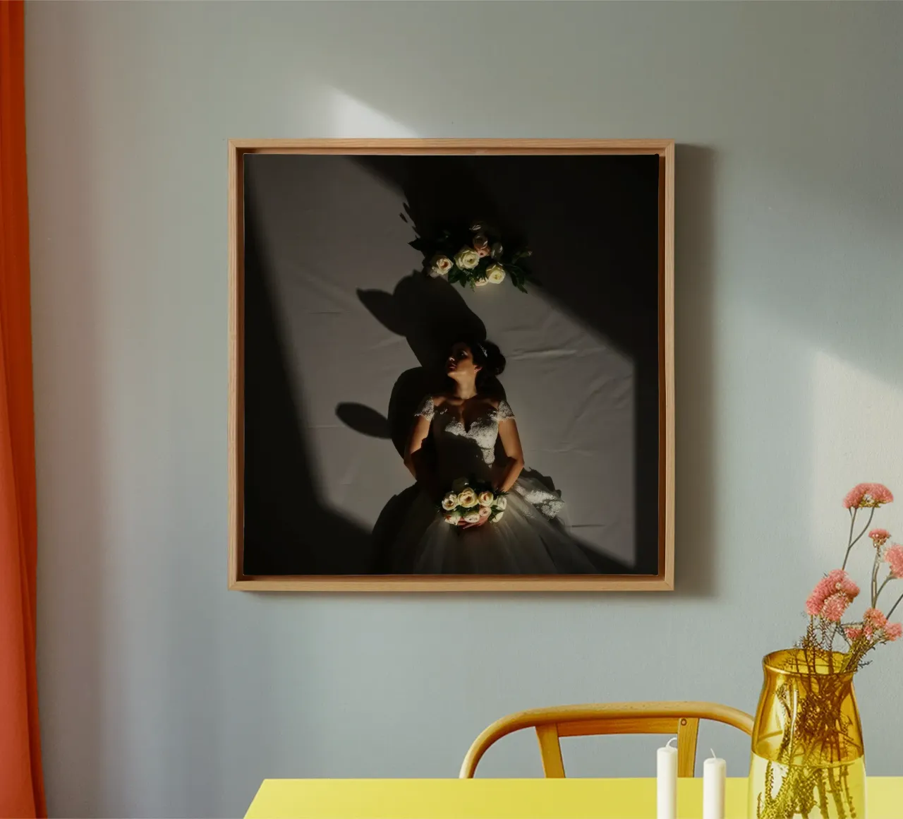 Bride in elegant gown poses dramatically under soft lighting canvas by DesignDoodle