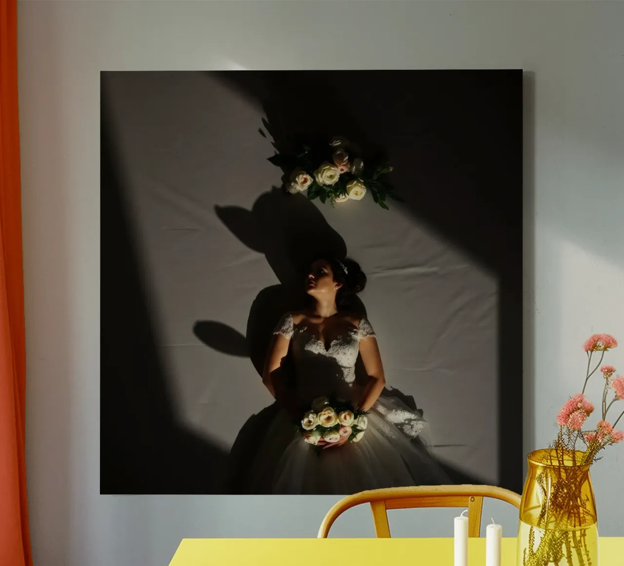 Bride in elegant gown poses dramatically under soft lighting canvas by DesignDoodle