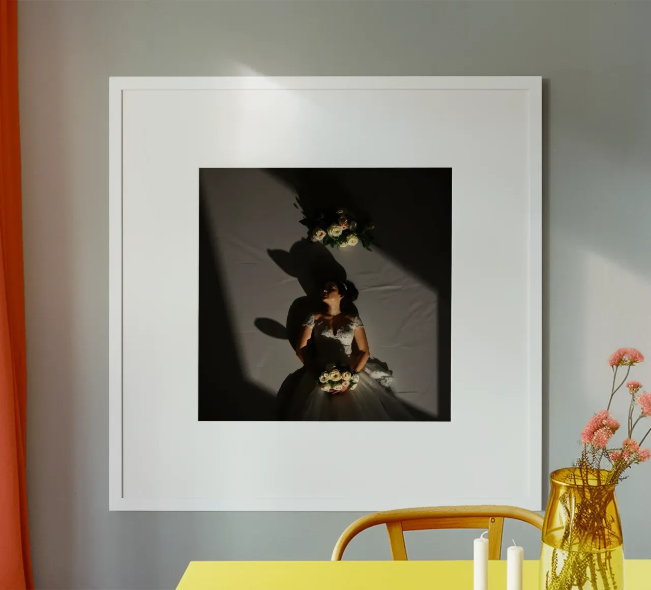 Bride in elegant gown poses dramatically under soft lighting hahnemühle by DesignDoodle