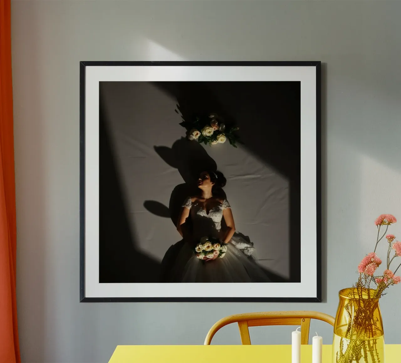 Bride in elegant gown poses dramatically under soft lighting hahnemühle by DesignDoodle