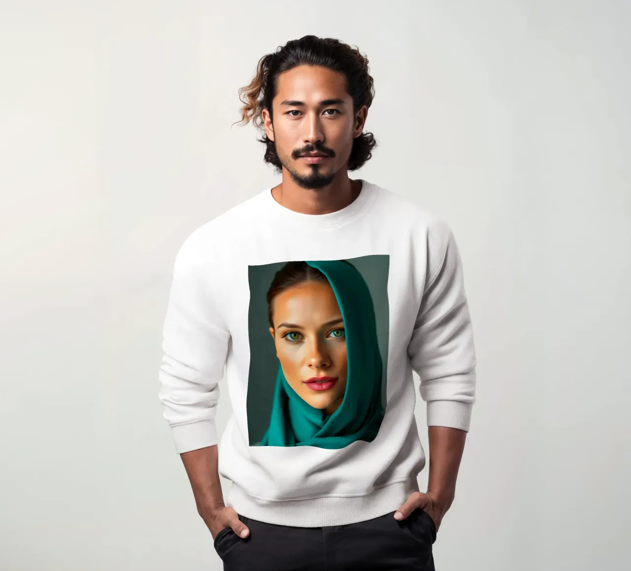 Bella donna con gli occhi verdi che indossa un foulard turchese felpa da DesignDoodle
