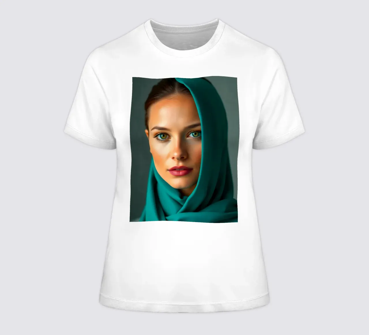 Beautiful woman with green eyes wearing turquoise headscarf women's fitted t-shirt by DesignDoodle
