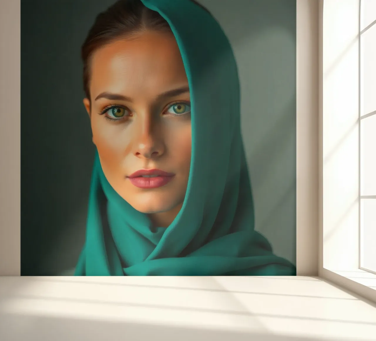 Schöne Frau mit grünen Augen und türkisfarbenem Kopftuch Fototapete von DesignDoodle