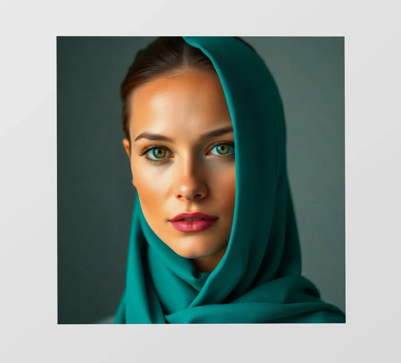 Schöne Frau mit grünen Augen und türkisfarbenem Kopftuch Fototapete von DesignDoodle