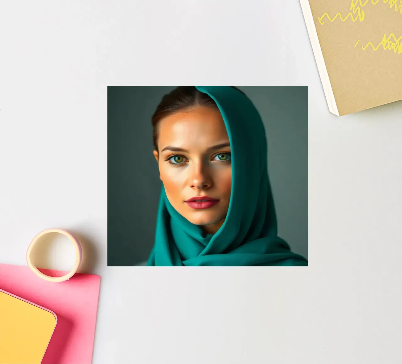 Beautiful woman with green eyes wearing turquoise headscarf sticker by DesignDoodle