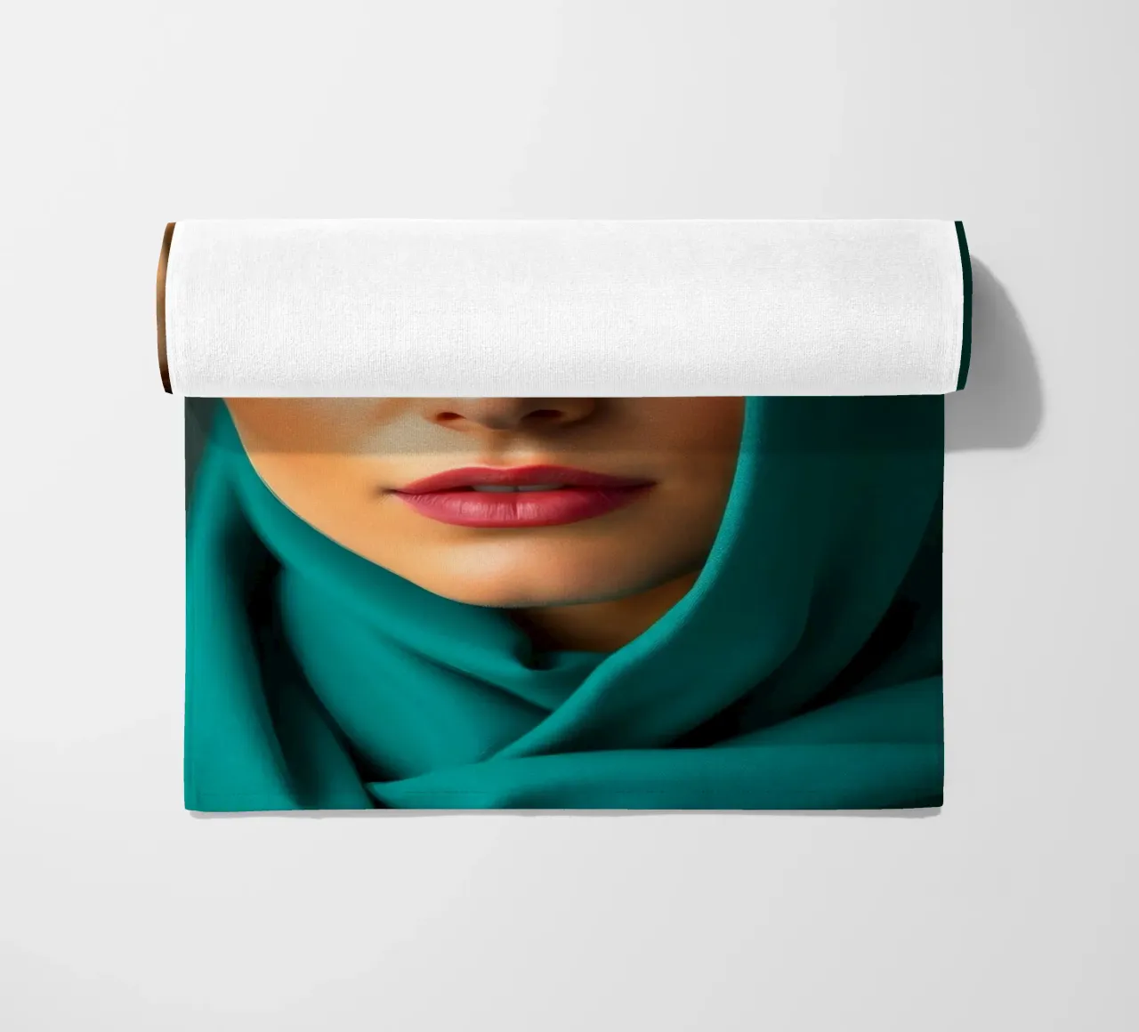 Beautiful woman with green eyes wearing turquoise headscarf beach towel by DesignDoodle