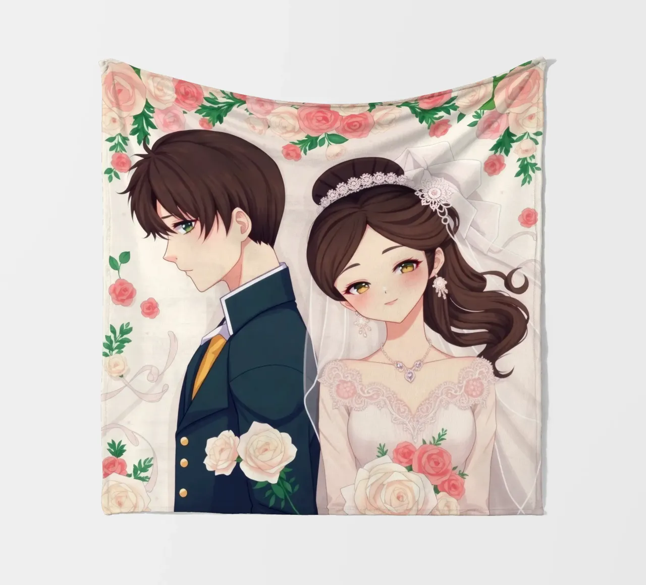 Bride and groom standing back to back in a romantic floral fleece blanket by DesignDoodle