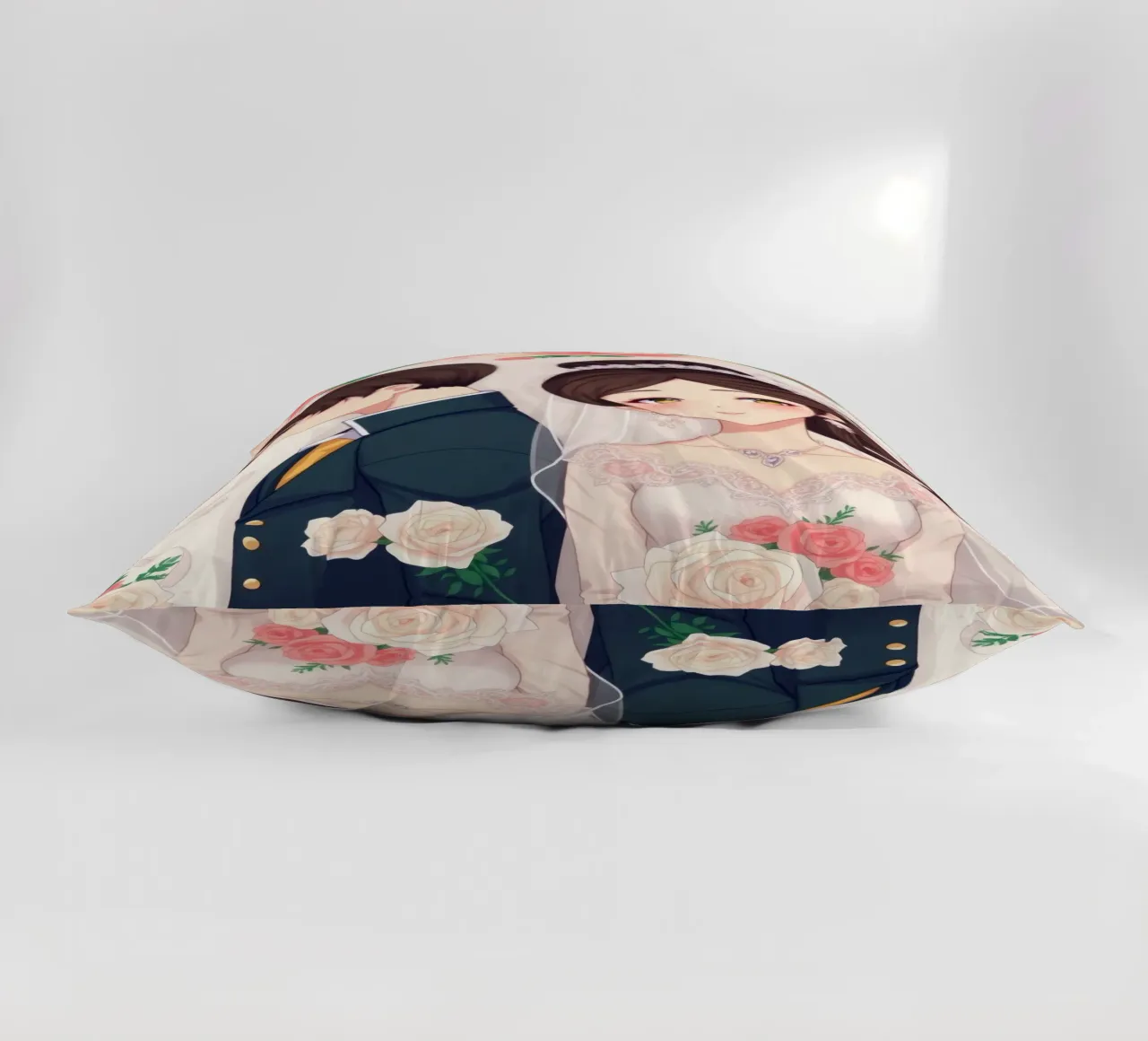 Bride and groom standing back to back in a romantic floral decorative cushion by DesignDoodle