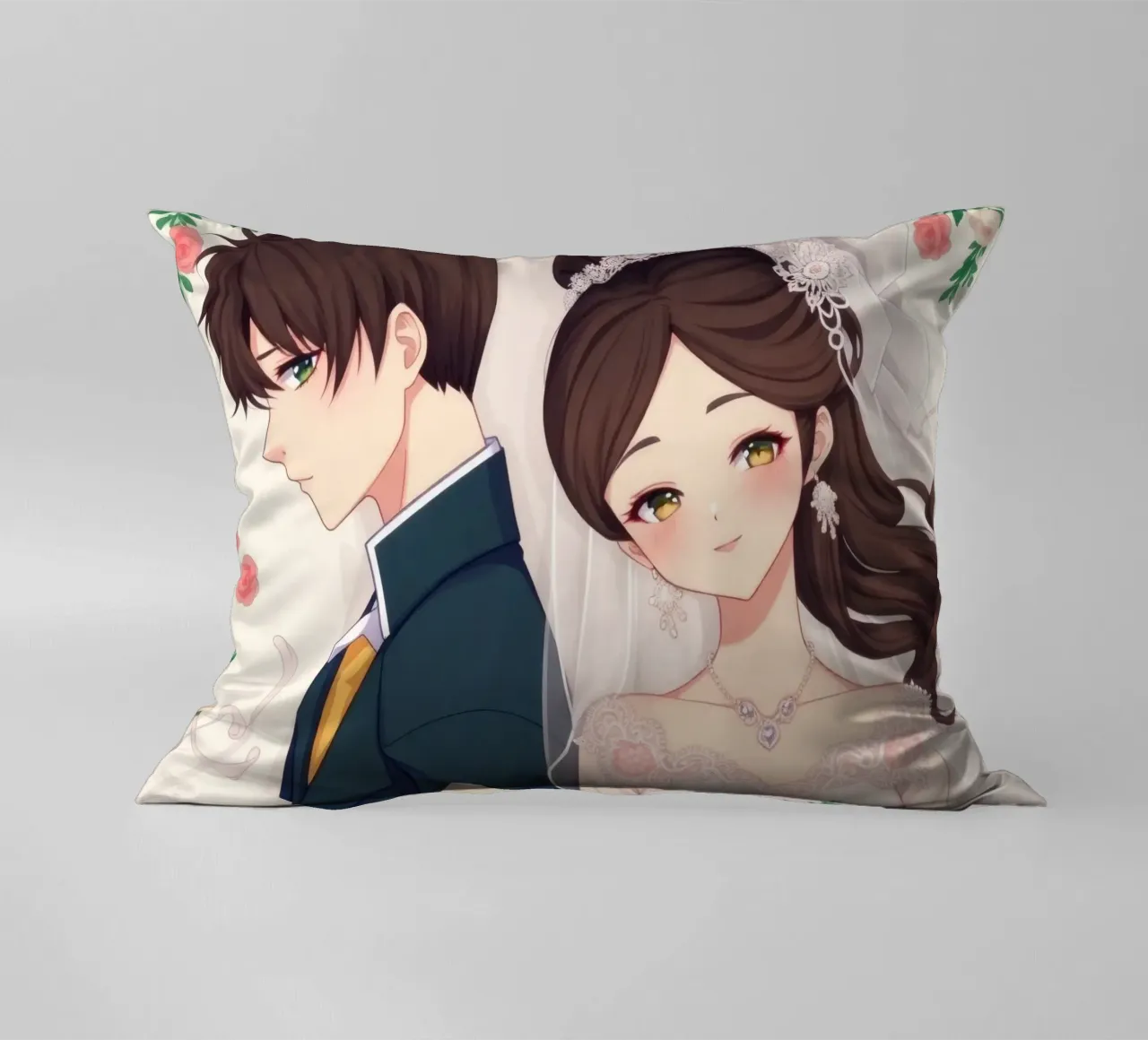 Bride and groom standing back to back in a romantic floral decorative cushion by DesignDoodle