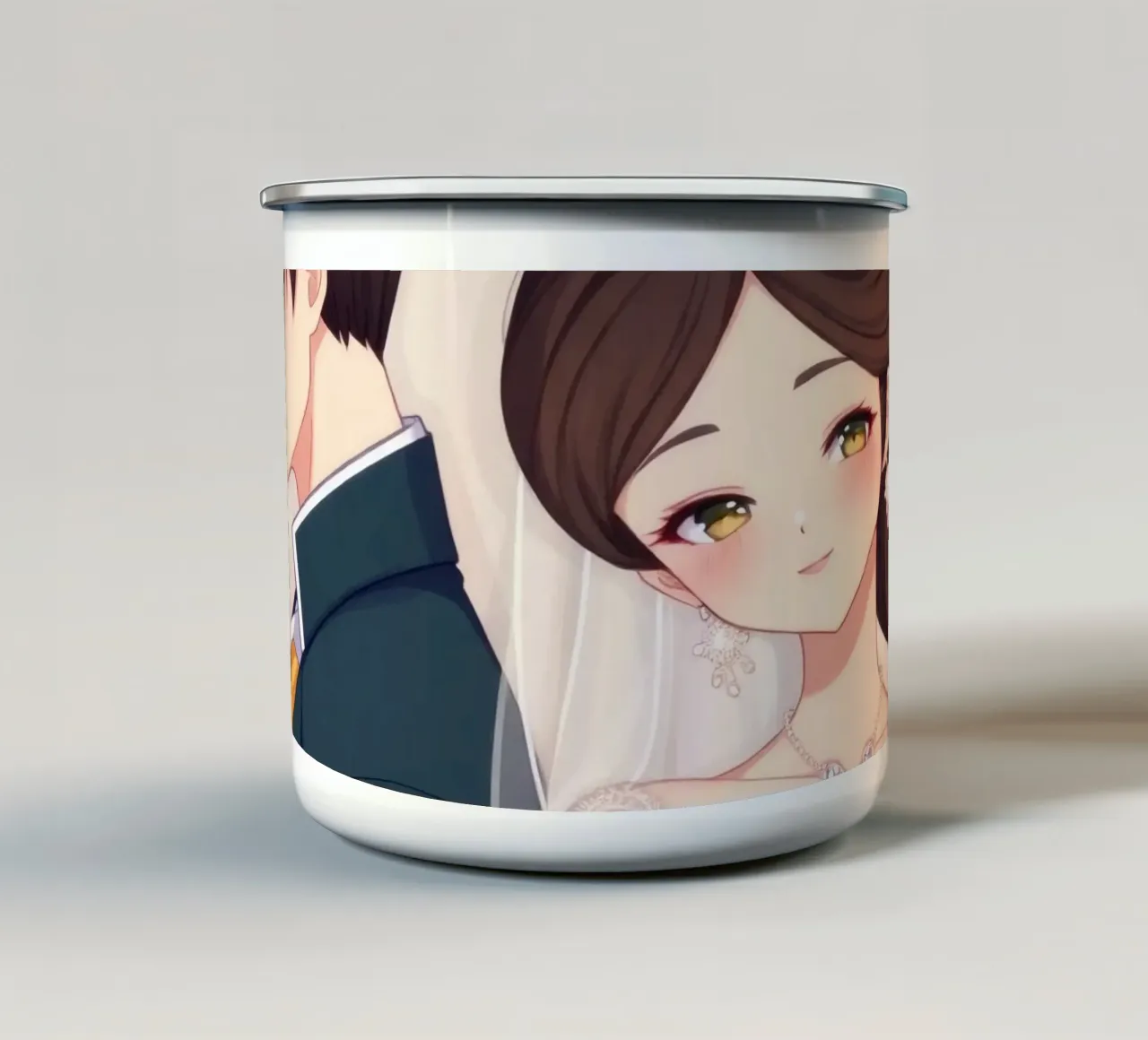 Sposi in piedi, schiena contro schiena, in un romantico quadro floreale tazza in smalto da DesignDoodle