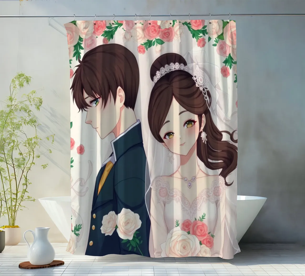 Bride and groom standing back to back in a romantic floral shower curtain by DesignDoodle