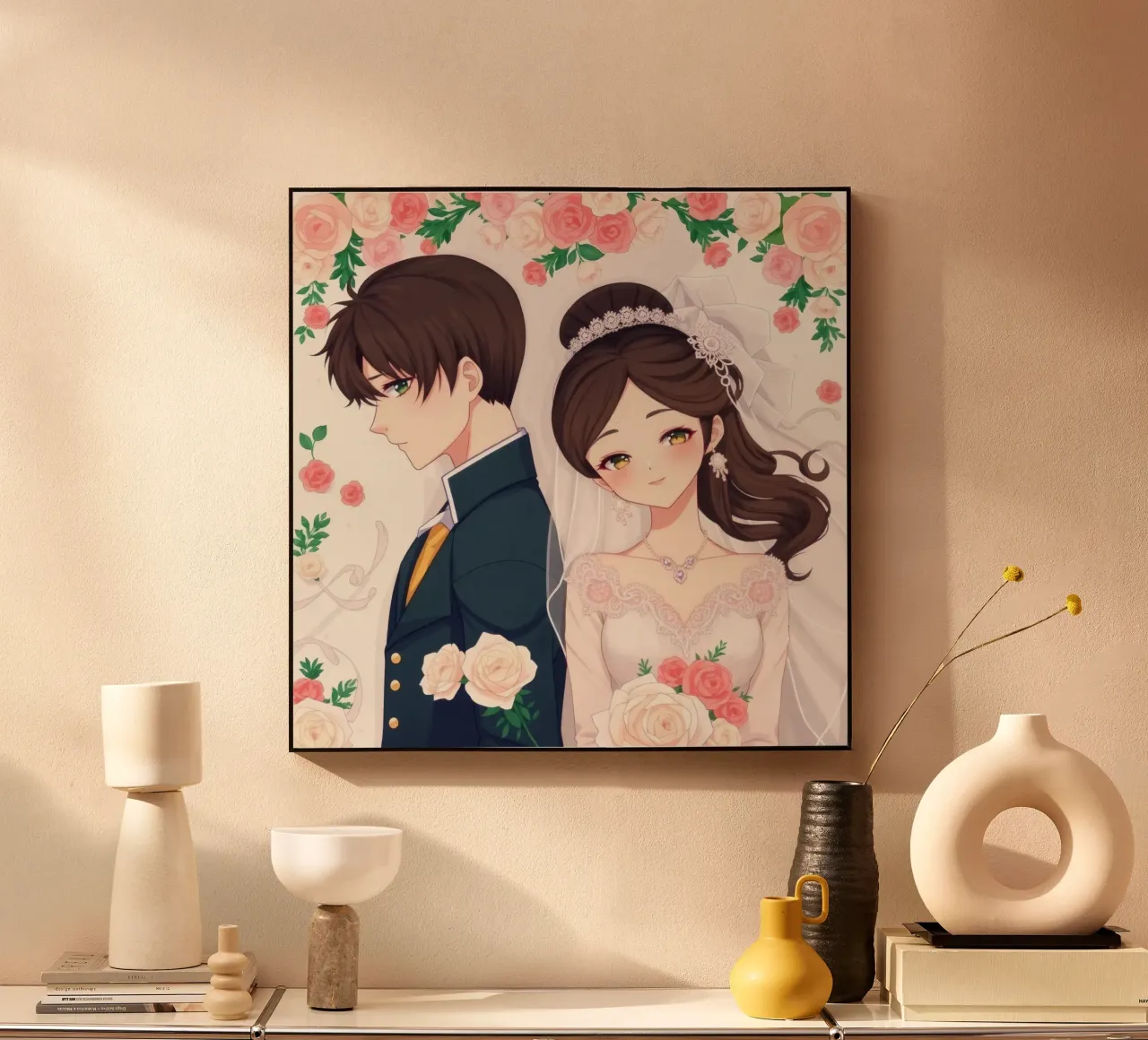 Bride and groom standing back to back in a romantic floral forex plate by DesignDoodle