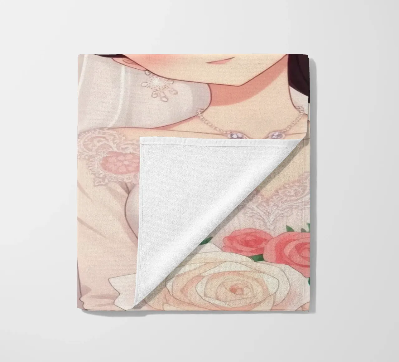 Bride and groom standing back to back in a romantic floral beach towel by DesignDoodle