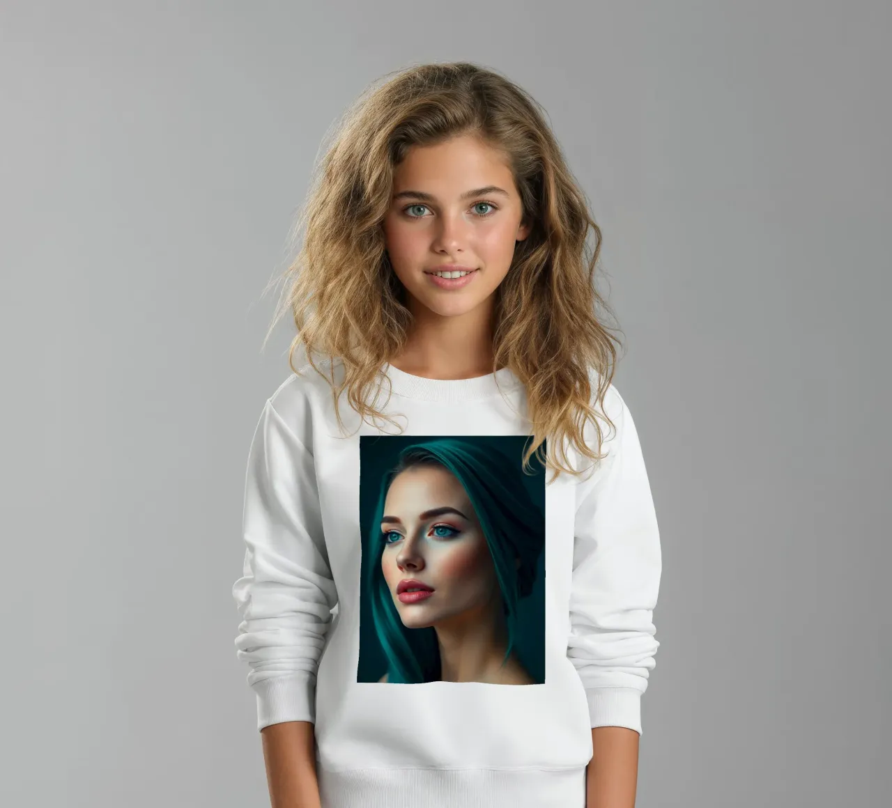 Ritratto di una donna con suggestivi capelli color turchese felpa bambino da DesignDoodle